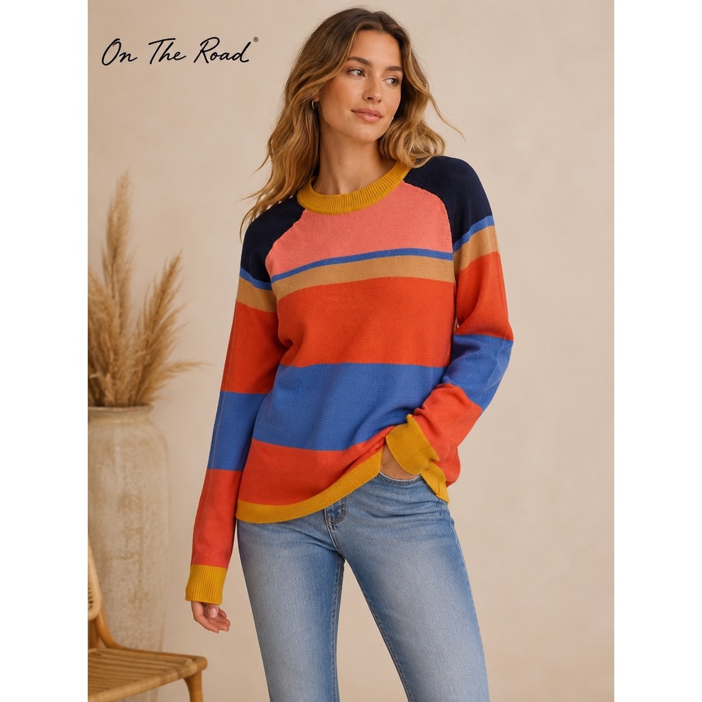 On The Road Women Multicolor Striped Cotton Knit Crewneck Sweater M/L